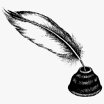 A pen and ink drawing of a feather in a jar.